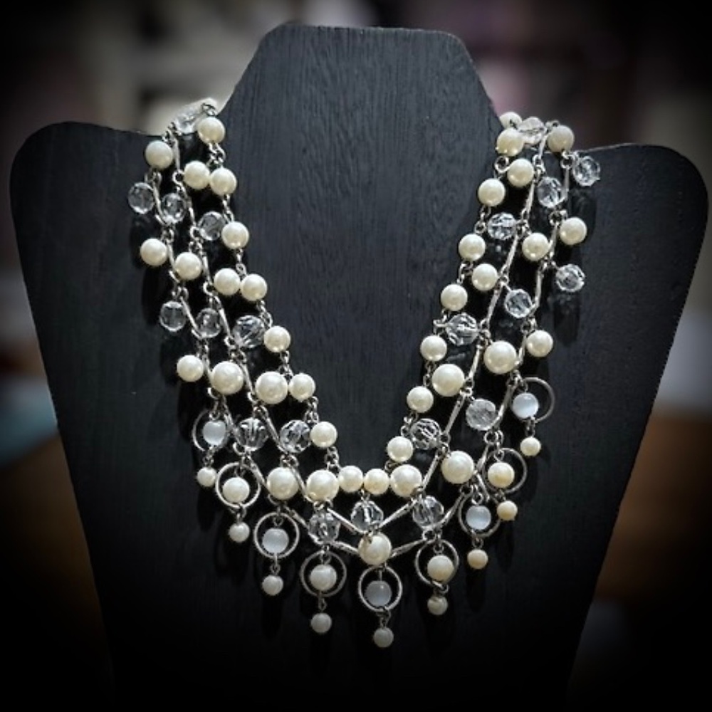 Elegant Triple-Strand Faux Pearl & Clear Crystal Statement Necklace/Silver Tone